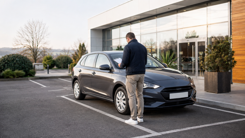 Client vérifiant une voiture de location avant son départ